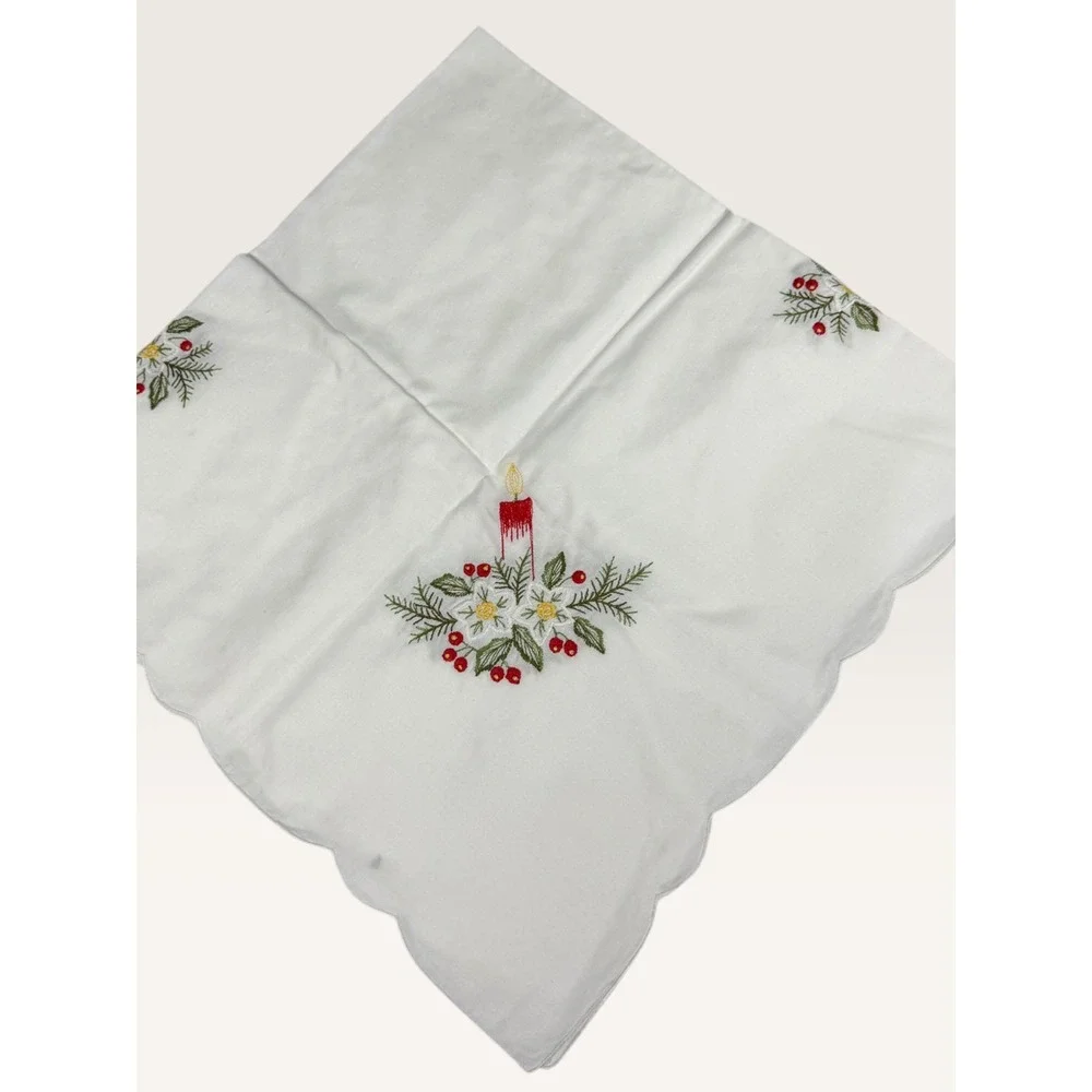 Vtg Christmas Tablecloth Hand Embroidered Holiday Candle Scallop Square 32